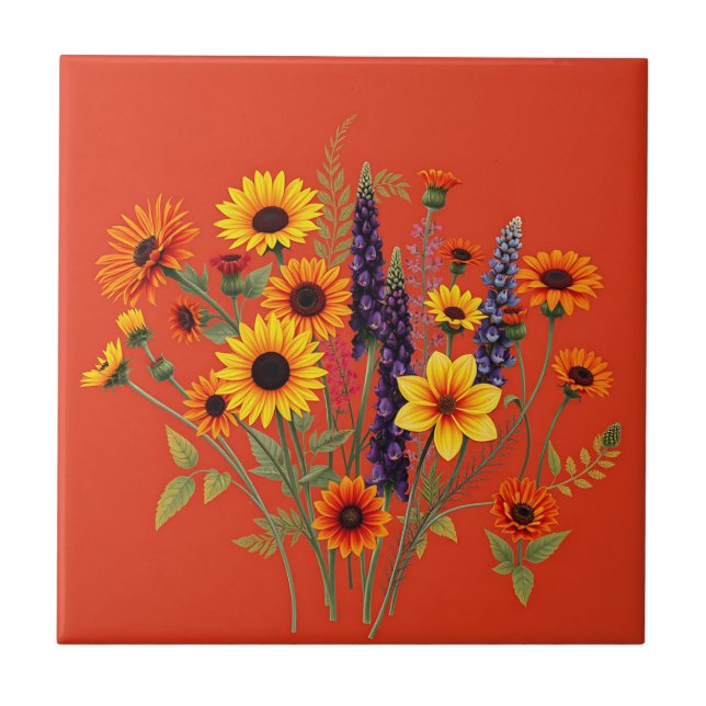 Azulejo Flores salvajes vibrantes en el fondo de Terracota (Frente)