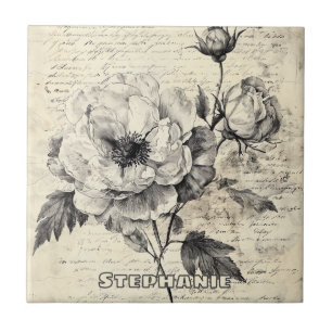Azulejo Flores Sepia Románticas Papel Vintage