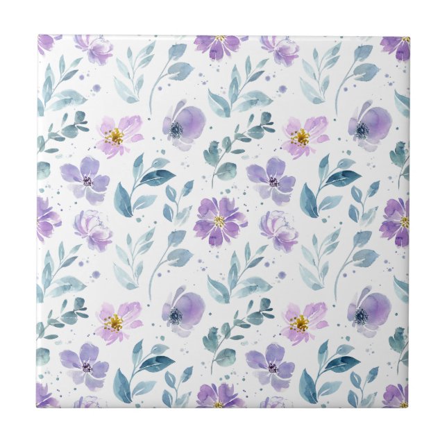 Azulejo Flores silvestres acuarela púrpura verde (Frente)