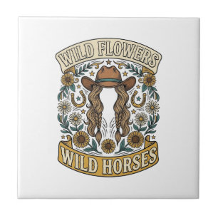 Azulejo Flores Silvestres Caballos Salvajes Floral Occiden