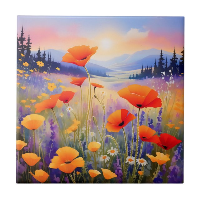 Azulejo Flores silvestres de paisaje florecientes en acuar (Frente)