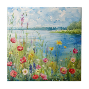Azulejo Flores silvestres junto a un lago