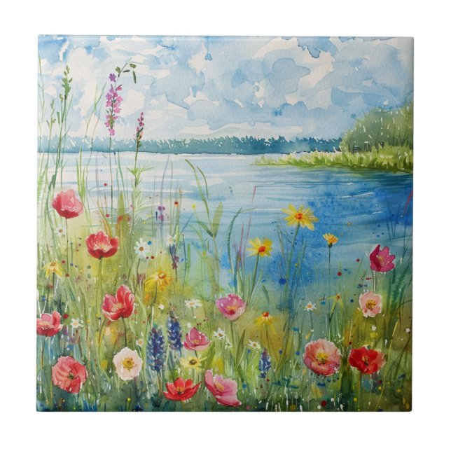 Azulejo Flores silvestres junto a un lago (Frente)