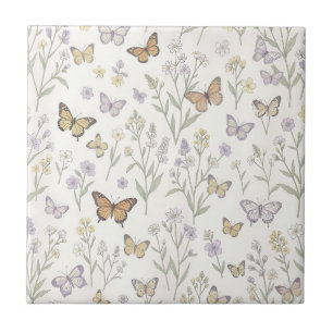 Azulejo Flores silvestres mariposas prado botánico pastel