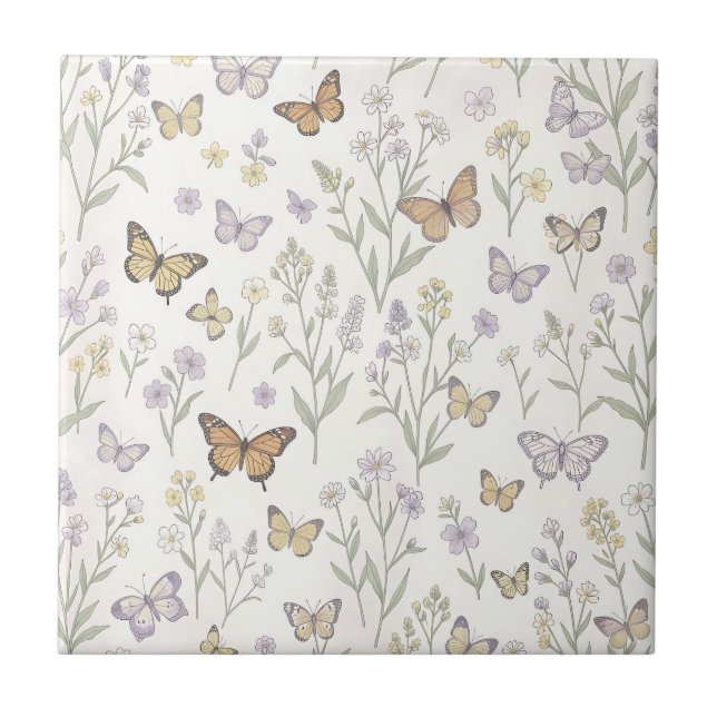 Azulejo Flores silvestres mariposas prado botánico pastel  (Frente)