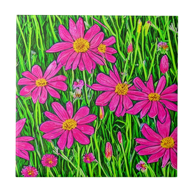 Azulejo Flores silvestres rosa fucsia en un campo (Frente)