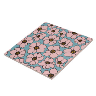 Azulejo Flores silvestres rosadas sobre azul turquesa