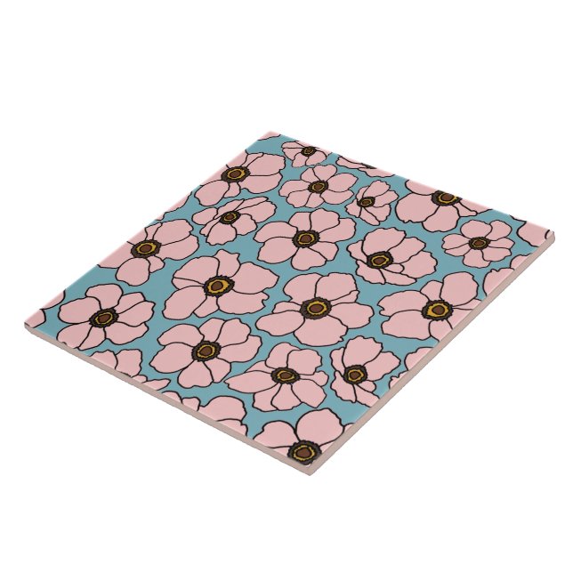 Azulejo Flores silvestres rosadas sobre azul turquesa (Lado)