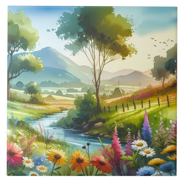 Azulejo Flores silvestres y corrientes en el valle de prim (Frente)