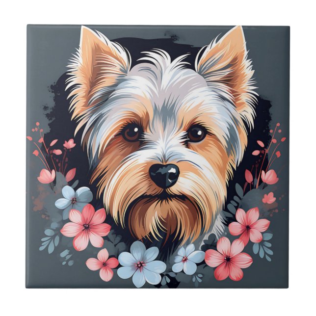 Azulejo Flores Terrier de Cute Dog Yorkshire (Frente)