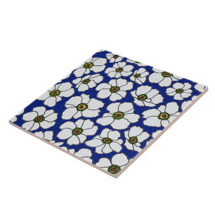 Azulejo Flores Tropicales Blancas Sobre Azul 