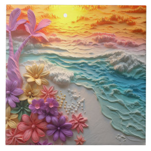 Azulejo Flores tropicales con puesta de sol en la playa