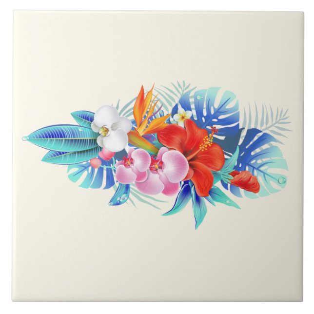 Azulejo Flores tropicales exóticas - rosa y acuamarina (Frente)