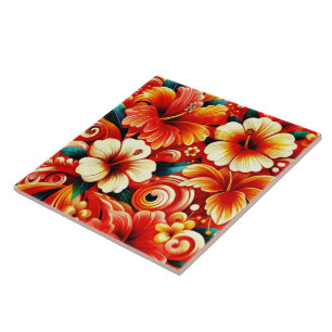 Azulejo Flores tropicales hawaianas Patrón Naranja Hibiscu