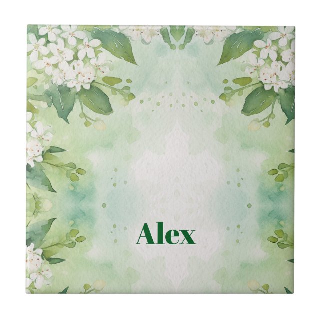 Azulejo Flores Verdes Acuarela Moderna & personalizar (Frente)
