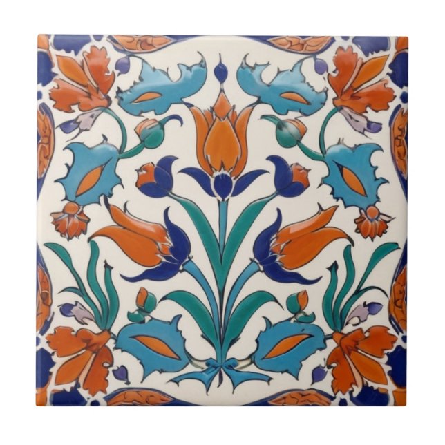 Azulejo Flores verdes de Naranja azul floral de tulipanes  (Frente)