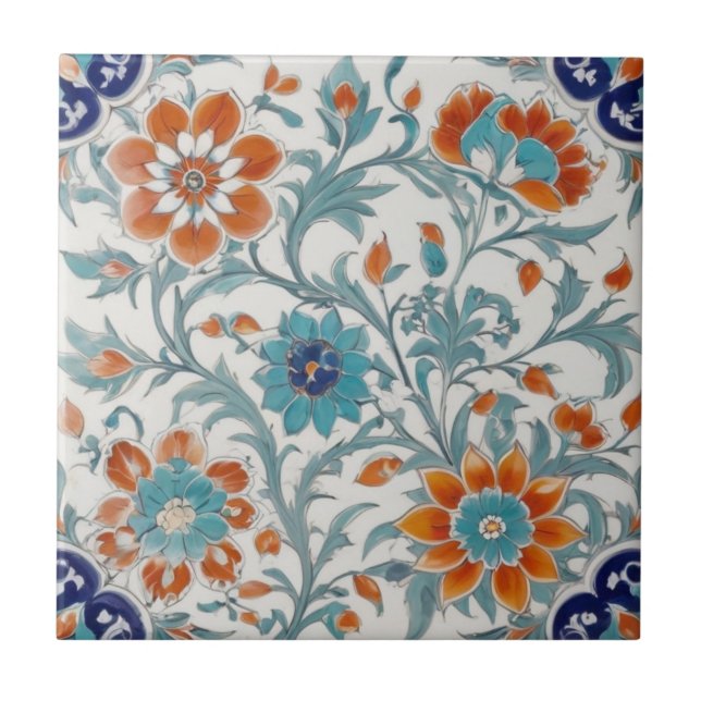 Azulejo Flores verdes del Naranja azul floral otomano turc (Frente)