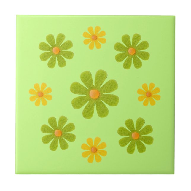 Azulejo Flores verdes y amarillas de primavera para la coc (Frente)