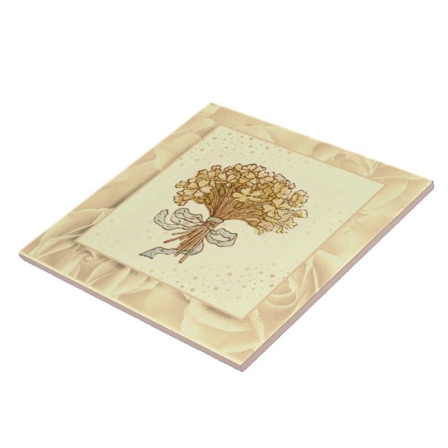 Azulejo Flores verdes y amarillas rosas de Rubor antiguas (Lado)