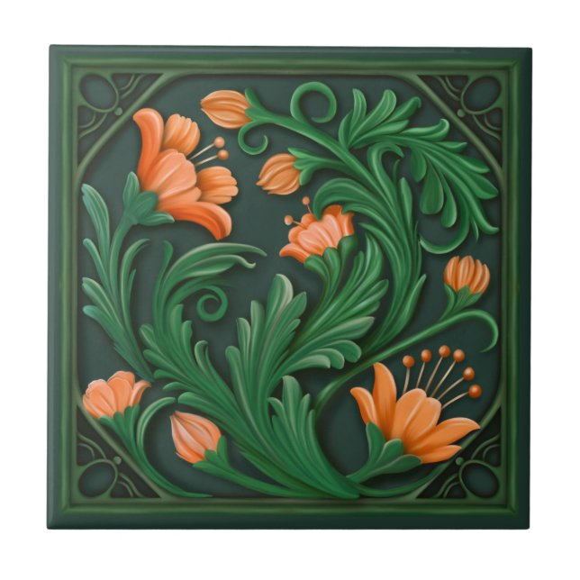 Azulejo Flores verdes y Naranjas originales (Frente)