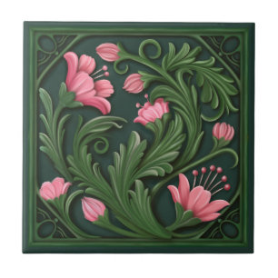 Azulejo Flores verdes y rosas originales de arte