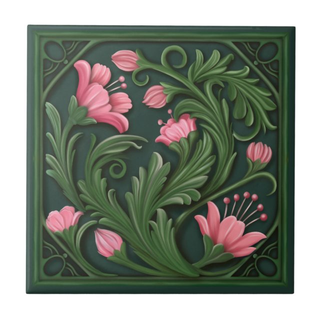 Azulejo Flores verdes y rosas originales de arte (Frente)