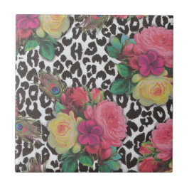 Azulejo flores vintage elegantes cheetah pavo real floral 