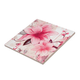 Azulejo Flores y capullos rosados de primavera sonrojados