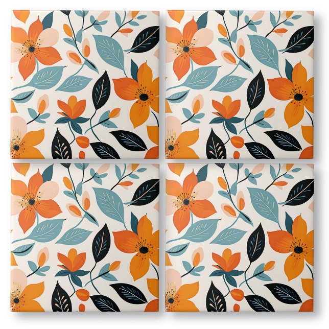 Azulejo Flores y follaje azul y naranja (Subido por el creador)