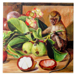 Azulejo Flores y fruto del Mangostán; Mono de Singapur
