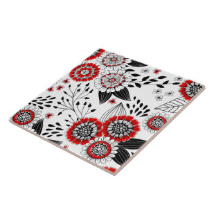 Azulejo Flores y hojas de perro en rojo y negro