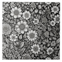 Azulejo Flores y hojas negras y blancas