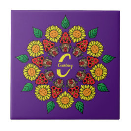Azulejo Flores y hongos personalizados Mandala morada