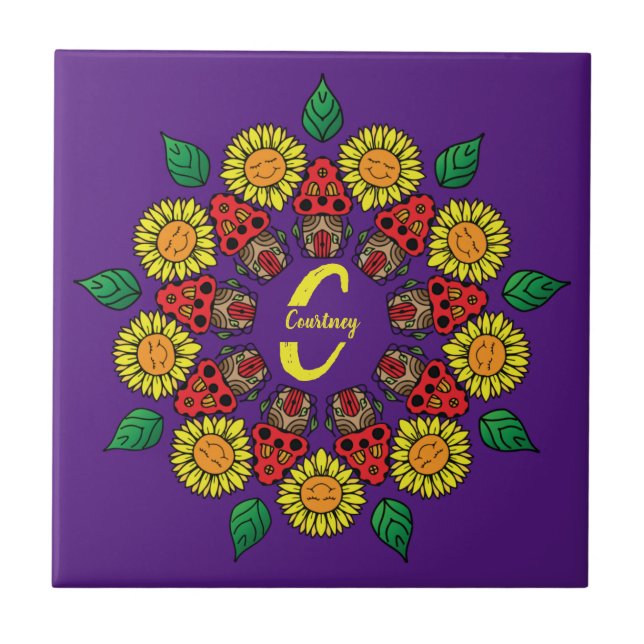 Azulejo Flores y hongos personalizados Mandala morada (Frente)