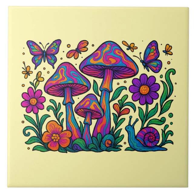 Azulejo Flores y hongos psicodélicos retro (Frente)