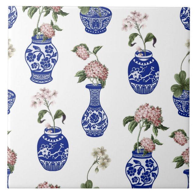 Azulejo Flores y jarrones azules de chinoiserie (Frente)
