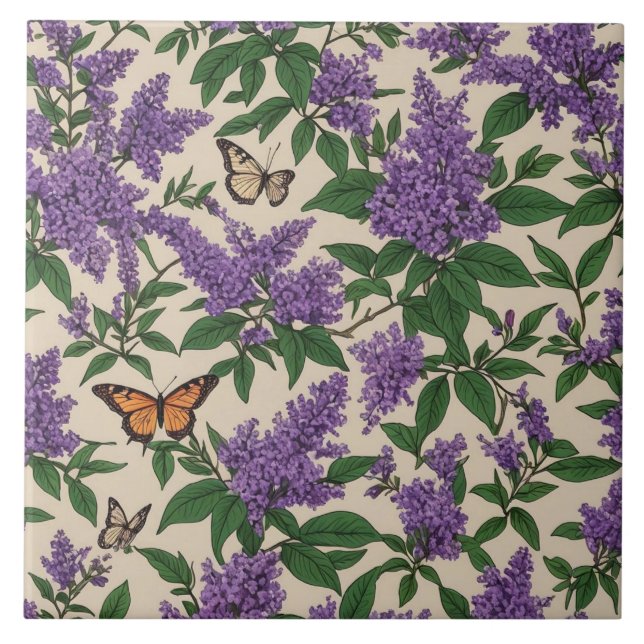 Azulejo Flores y mariposas púrpuras de arbusto de mariposa (Frente)