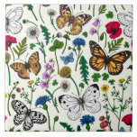 Azulejo Flores y mariposas silvestres en blanco<br><div class="desc">Colección pintada a mano de varias mariposas y flores silvestres.</div>