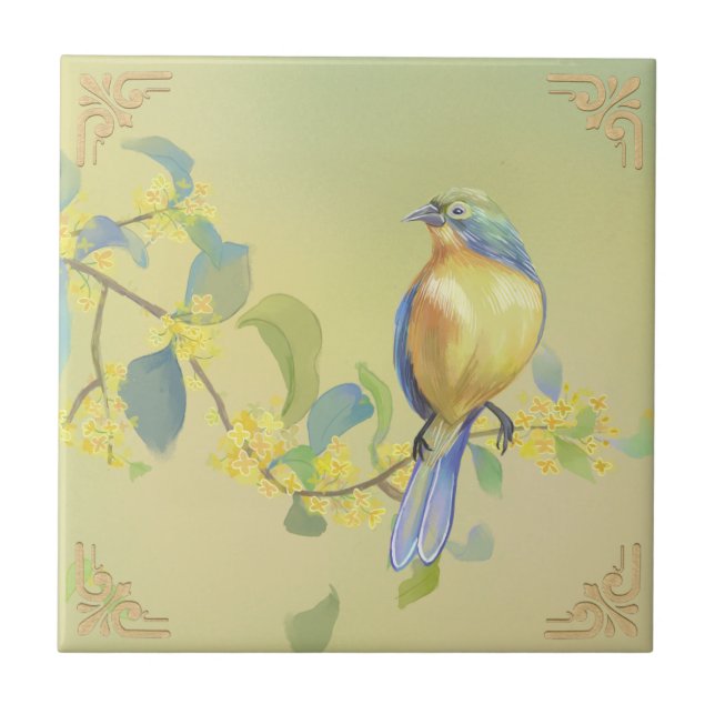 Azulejo Flores y pájaros vintage arte aviario (Frente)