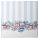 Azulejo Flores y rayas rosadas, moradas y azules de bonito<br><div class="desc">diseño de inspiración bonito con rayas verticales azules y blancas con un borde colorido de flores rosas,  azules y moradas con contornos oscuros.</div>