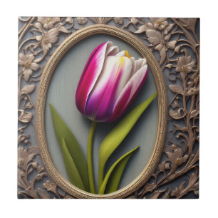 Azulejo FlowElegance: Tulipán rosa en diseño Art Nouveau