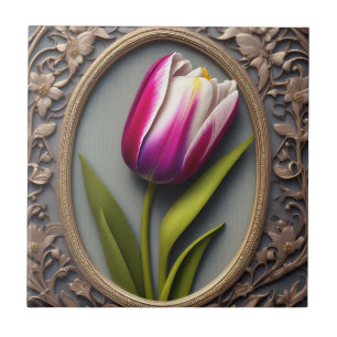 Azulejo FlowElegance: Tulipán rosa en diseño Art Nouveau