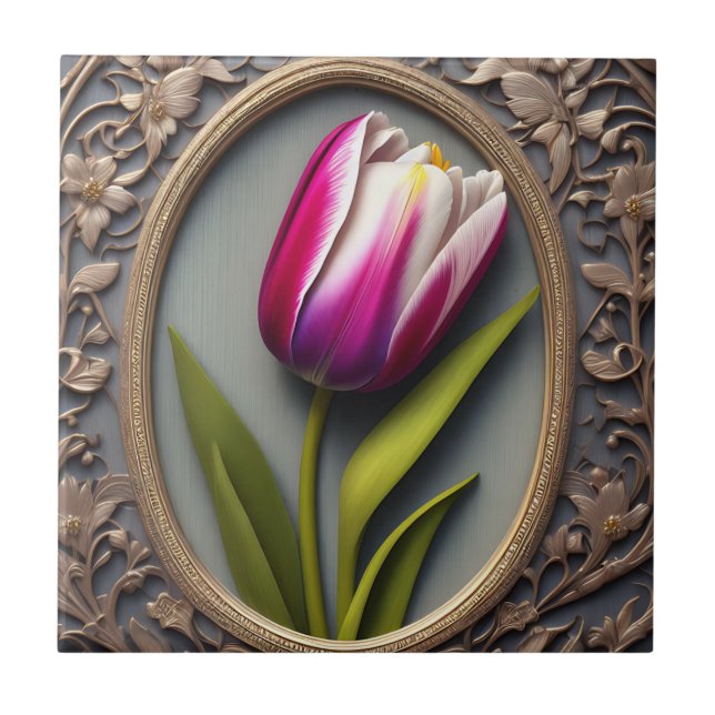 Azulejo FlowElegance: Tulipán rosa en diseño Art Nouveau (Frente)