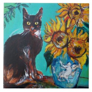AZULEJO FLUJOS CON GATO NEGRO EN TURQUÍA AZUL