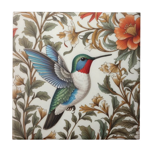 Azulejo Flying Hummingbird William Morris Inspired (Frente)