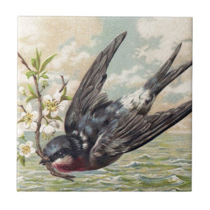 Azulejo Flying swallow with flower twig
