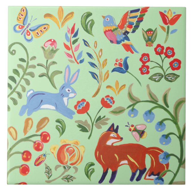 Azulejo Folclore Art Green Animal Woodland Floral Fox Rabb (Frente)
