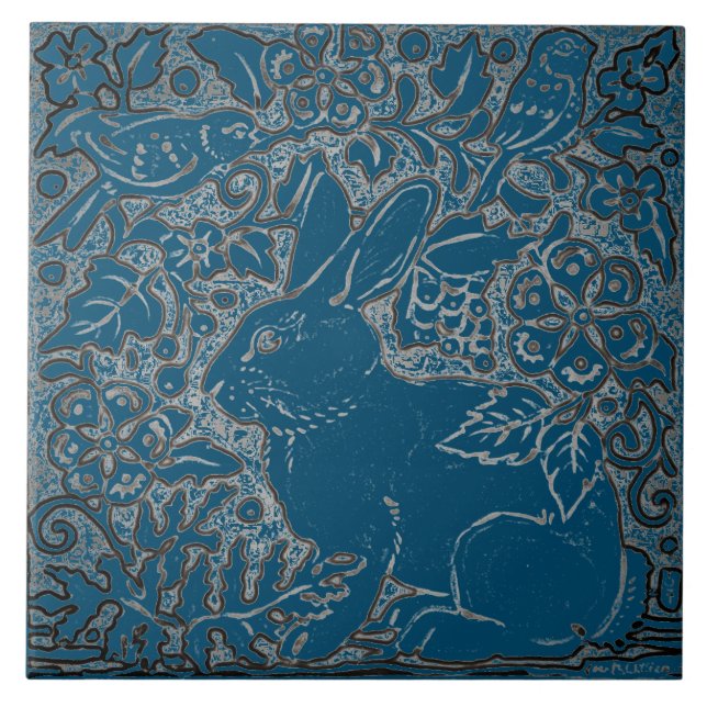 Azulejo Foliage artístico Verde azulado de conejo de aves  (Frente)