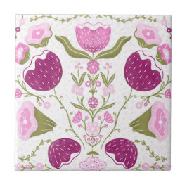 Azulejo Folk Floral Pattern. Pink & Burgundy Flower Design