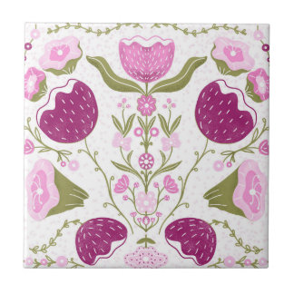 Azulejo Folk Floral Pattern. Pink & Burgundy Flower Design
